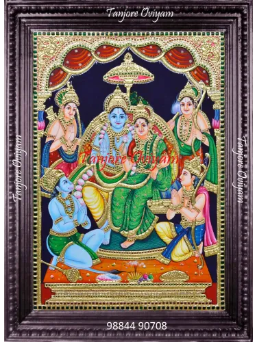 Handcrafted Ram Darbar Tanjore Painting showing Pancha Pattabishegam with Lord Rama, Sita, Lakshmana, Bharata, Shatrughna, and Hanuman in gold foil artwork